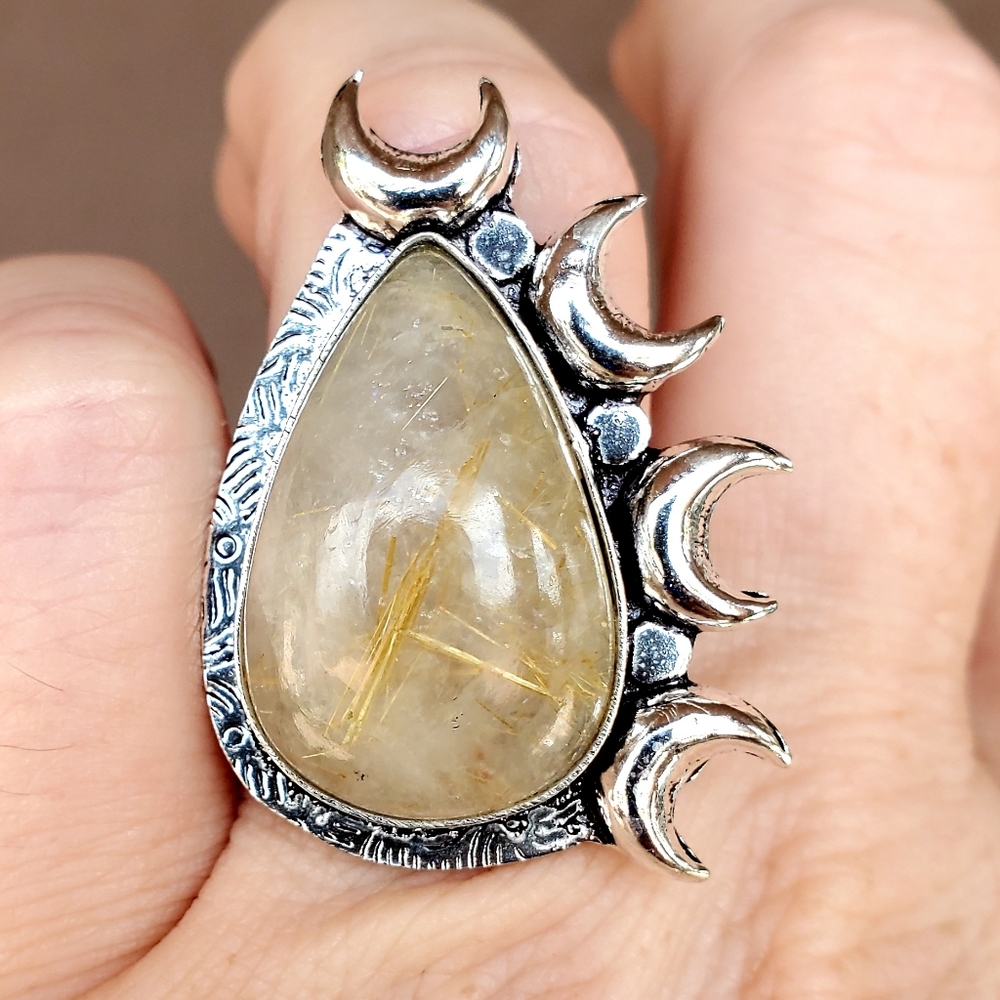 New Witchy Golden Rutile Multi Horned Crescent Moon 925 Silver Ring.
